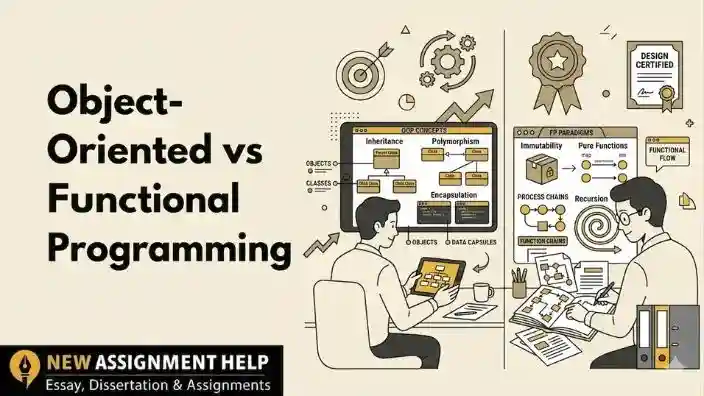 Object-Oriented vs Functional Programming concepts comparison illustration for students